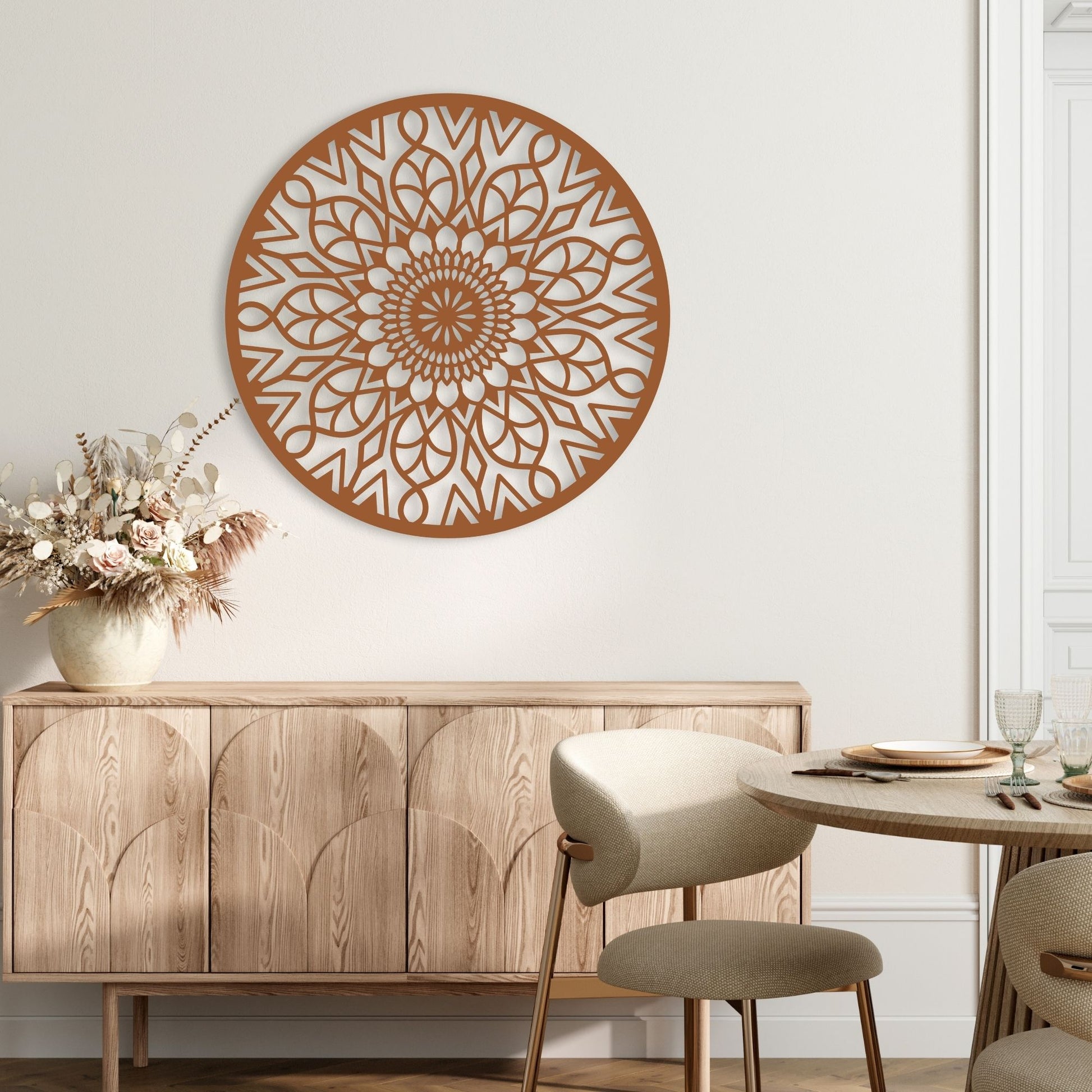 Decorative wall art with floral arrangement and wooden furniture in a room.