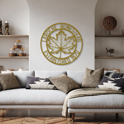Living room with a decorative wall piece featuring a maple leaf design.