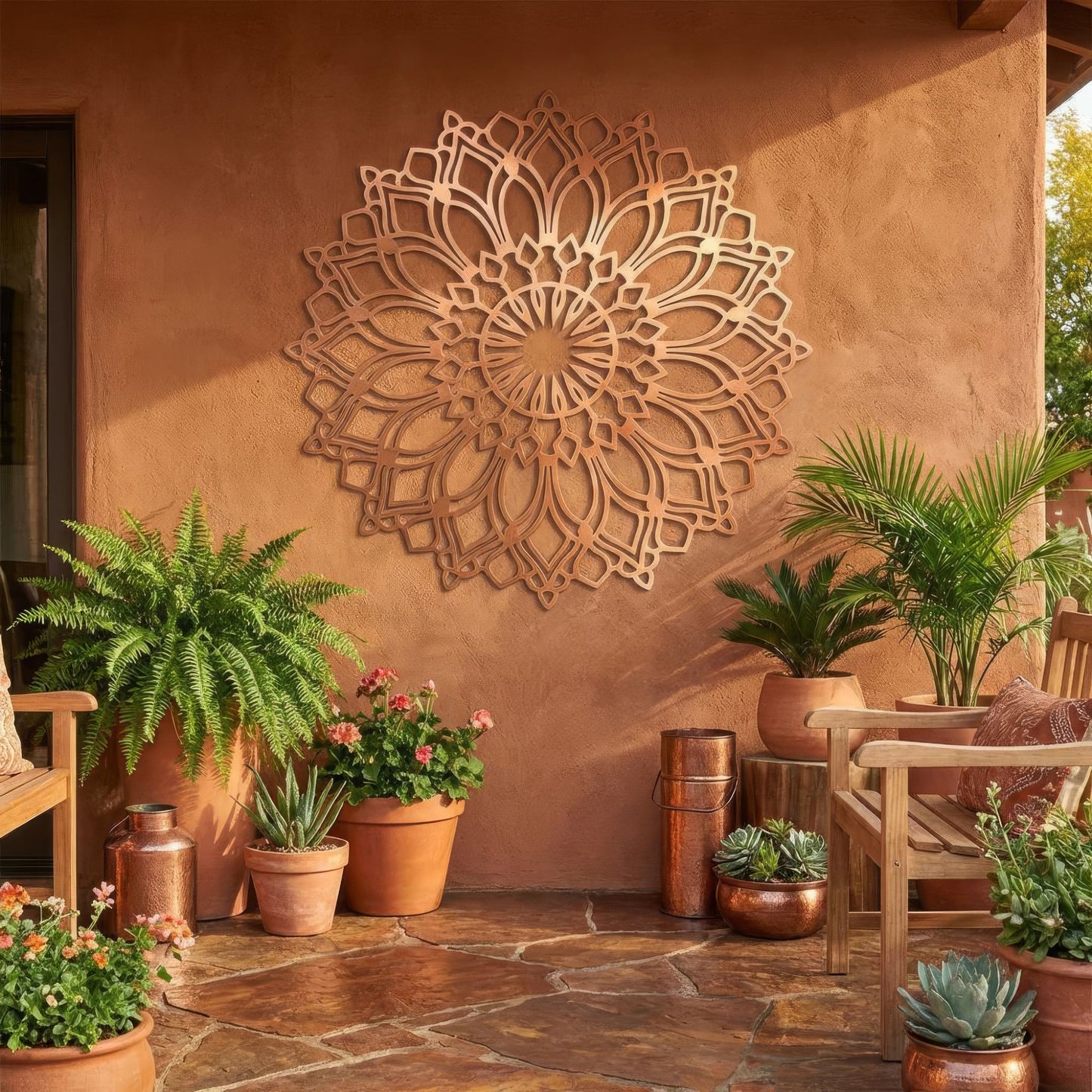 Decorative wall art on a stone patio with potted plants and outdoor furniture.