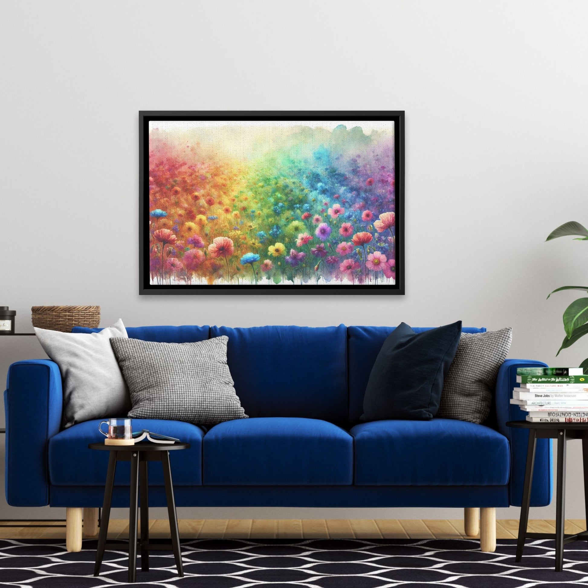 Rainbow Watercolor Wildflower Framed Canvas, Multicolor Flower Field Landscape Hanging Art, Unique Colorful Floral Picture Gift Nature Lover