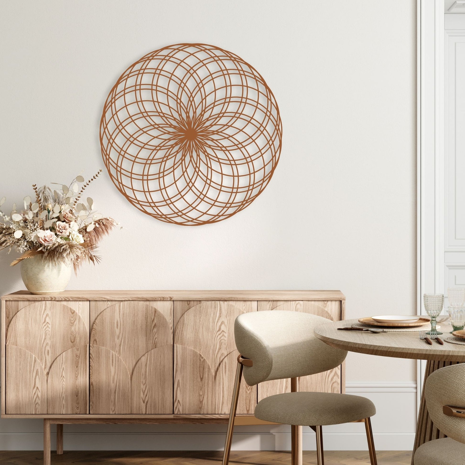 Dining room with wooden sideboard, round wall art, and table setting.