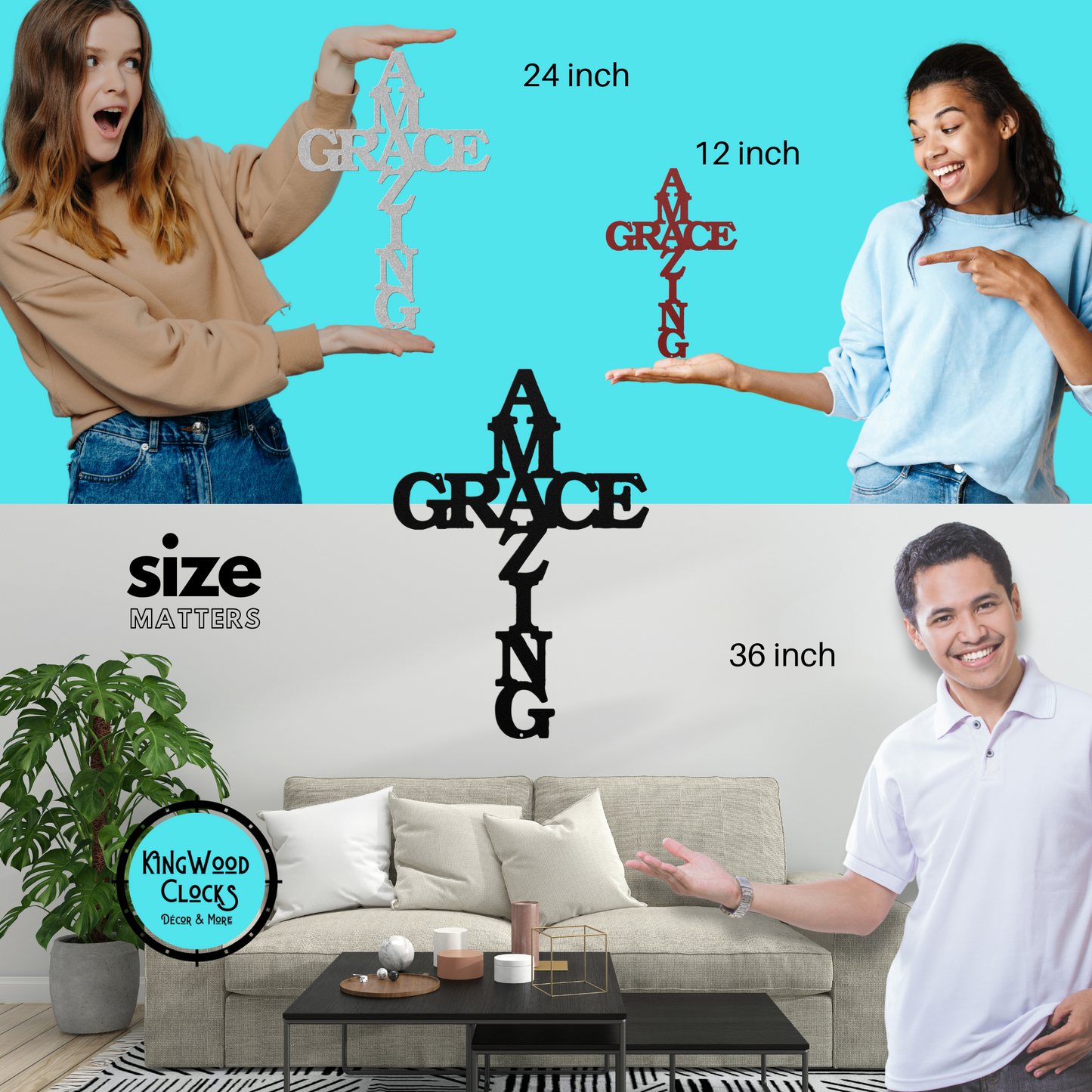 Amazing Grace Cross Metal Wall Art sizes