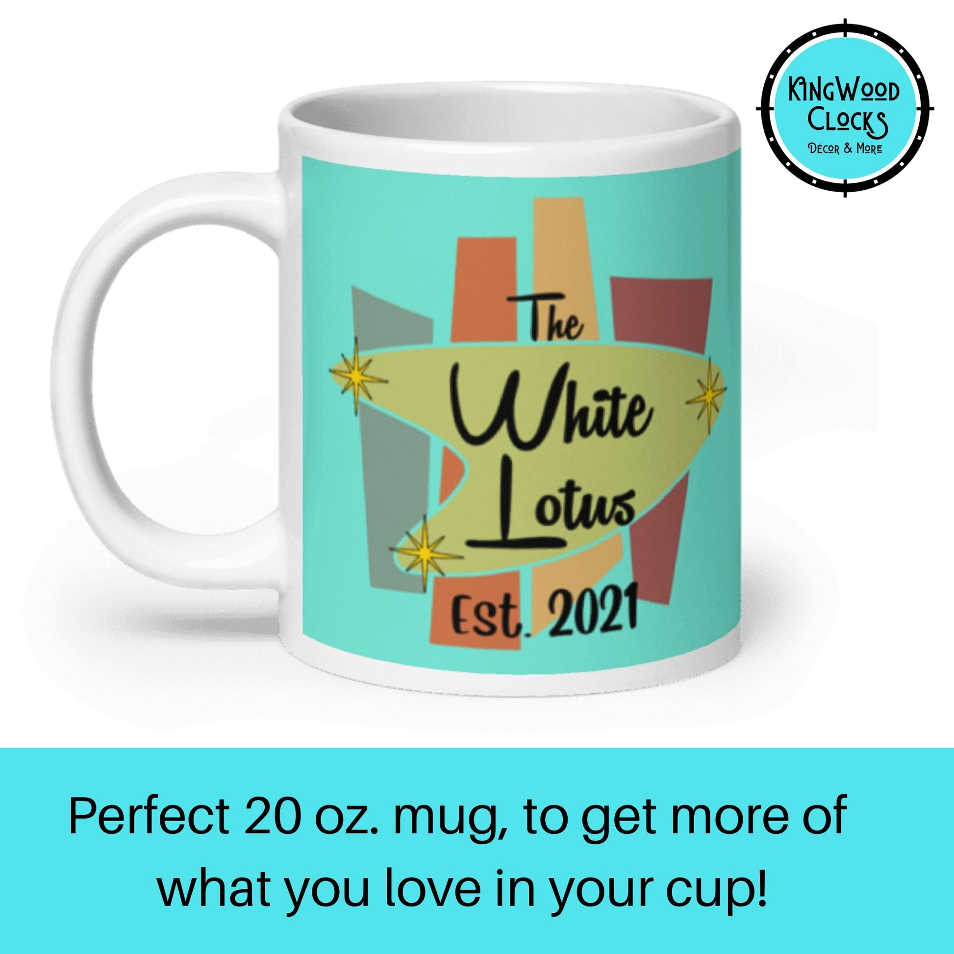 Mug with 'The White Lotus' design and text on a white background