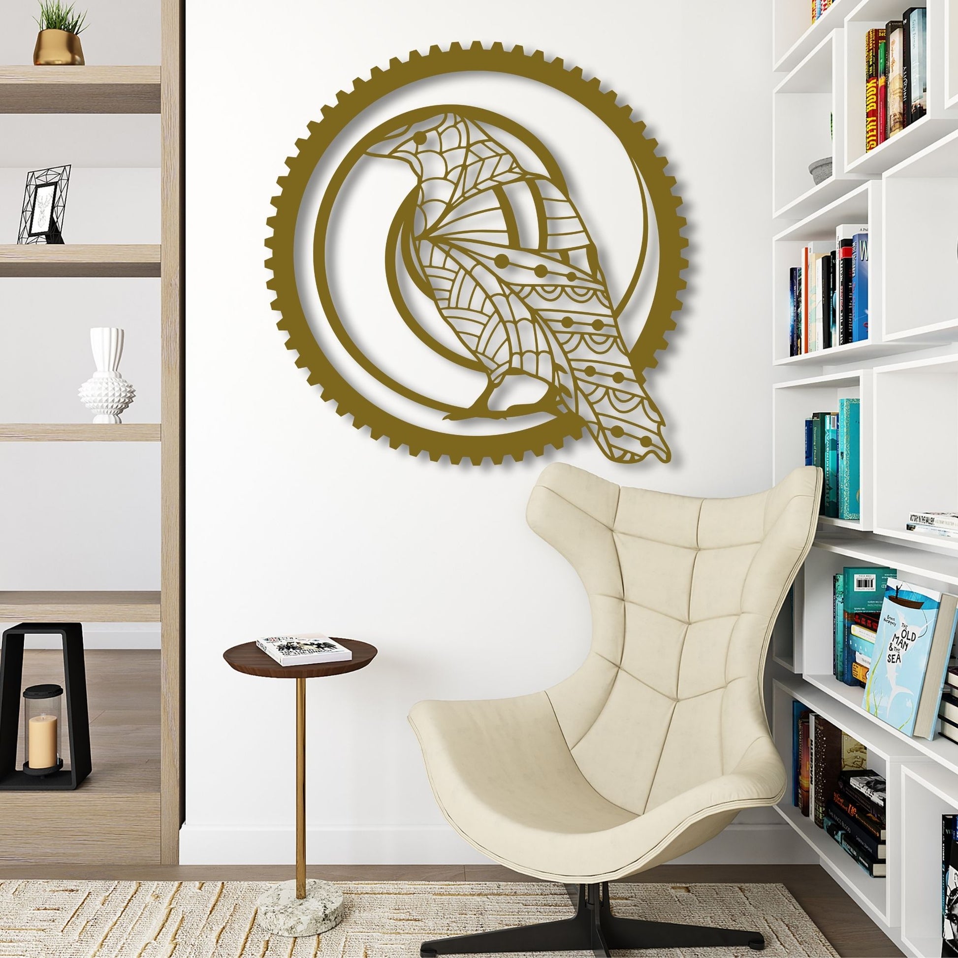 Decorative wall art with a fish design in a modern room with a chair and bookshelves.