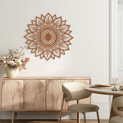 Decorative mandala wall art in a modern living room setting with a wooden sideboard and table.