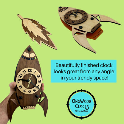 Rocket Pendulum Wall Clock, Space Bedroom Decor for Boys, Mid Century Modern Decor, Spaceship Wall Art, Walnut Wood Art