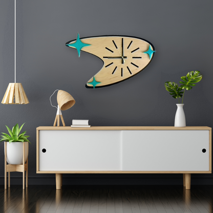 Mid Century Modern Boomerang Clock, black and maple