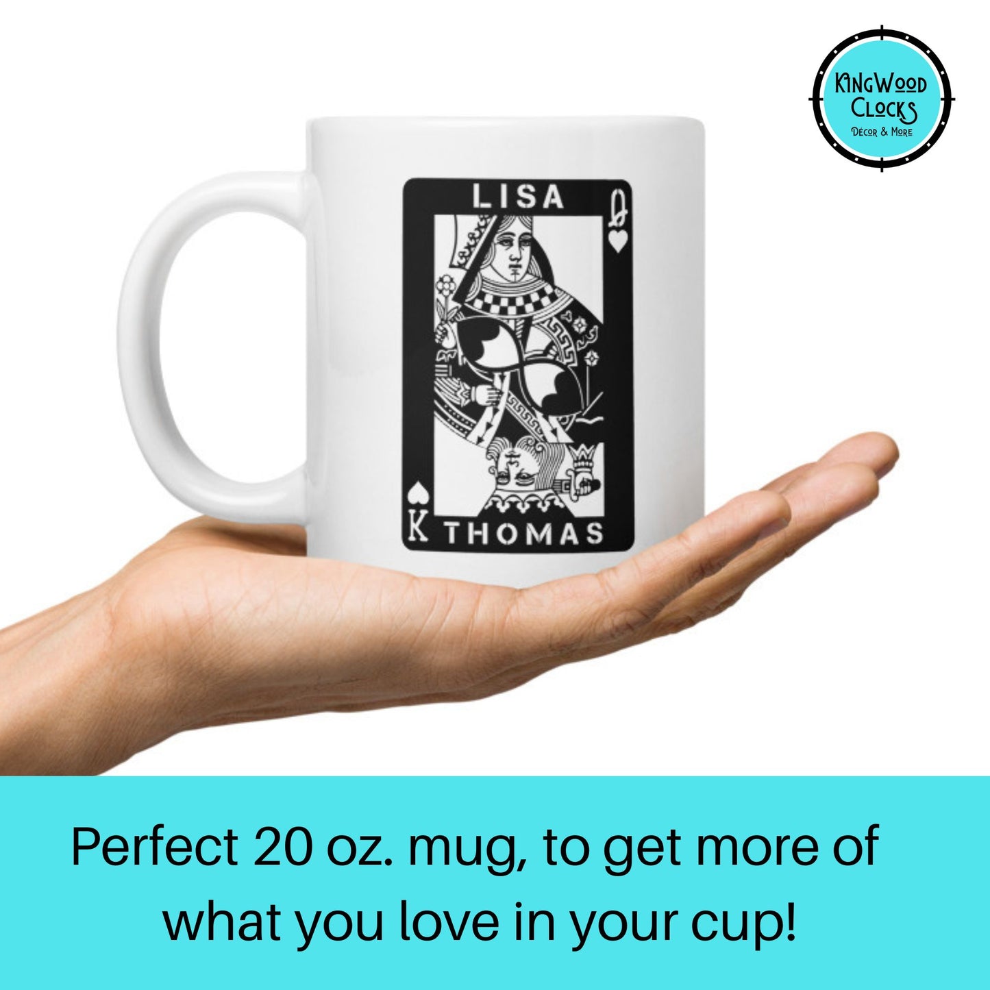 Personalized King & Queen of Hearts Coffee Mug, Him and Her Custom Anniversary Gift, 2 Sided 20oz Drinking Cup, Valentine's Card For Couples