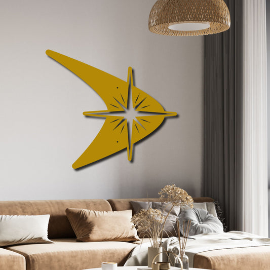 Yellow wall art piece on a gray wall above a sofa with decorative pillows.