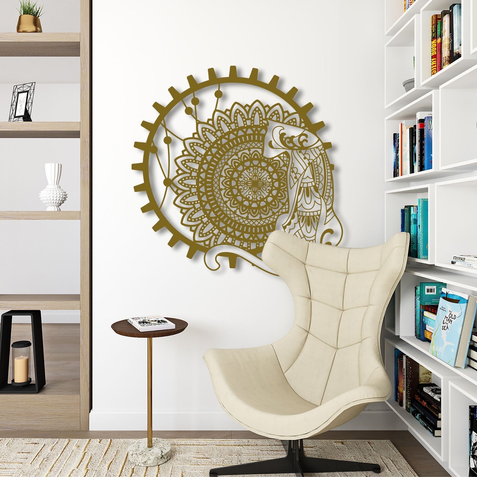 Decorative wall art with a peacock design in a room with a chair and shelves.