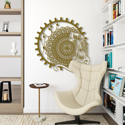 Decorative wall art with a peacock design in a room with a chair and shelves.