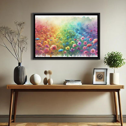 Rainbow Watercolor Wildflower Framed Canvas, Multicolor Flower Field Landscape Hanging Art, Unique Colorful Floral Picture Gift Nature Lover