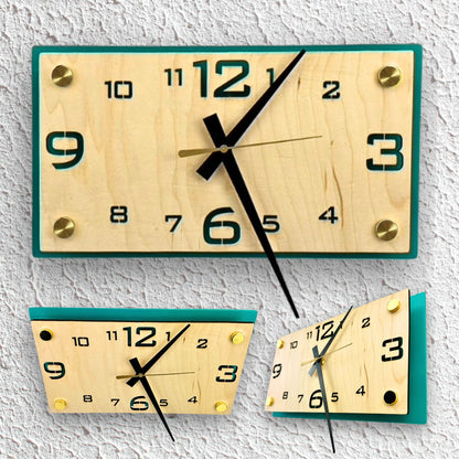 Mid Century Modern Rectangle Wall Clock - MCM Colors, Brass Standoffs, Non-Ticking Silent Quartz Movement, Retro Decor