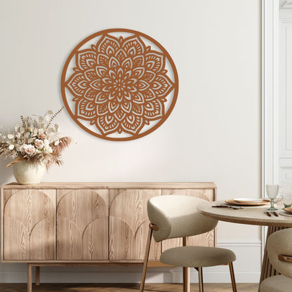 Decorative wooden wall art above a wooden cabinet in a dining room.