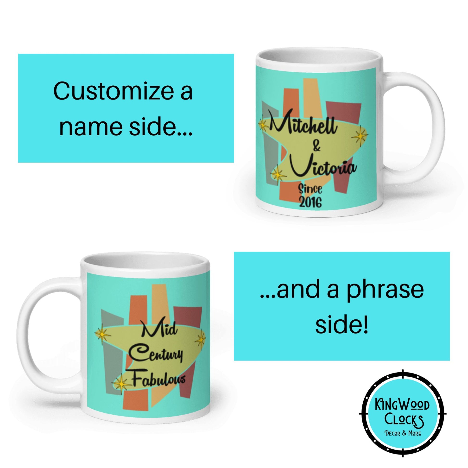 Two mugs with personalized text on a white background, featuring the brand 'Kinkwood Clocks'.