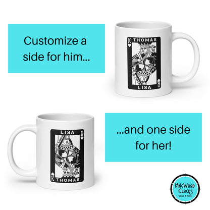 Personalized King & Queen of Hearts Coffee Mug, Him and Her Custom Anniversary Gift, 2 Sided 20oz Drinking Cup, Valentine's Card For Couples