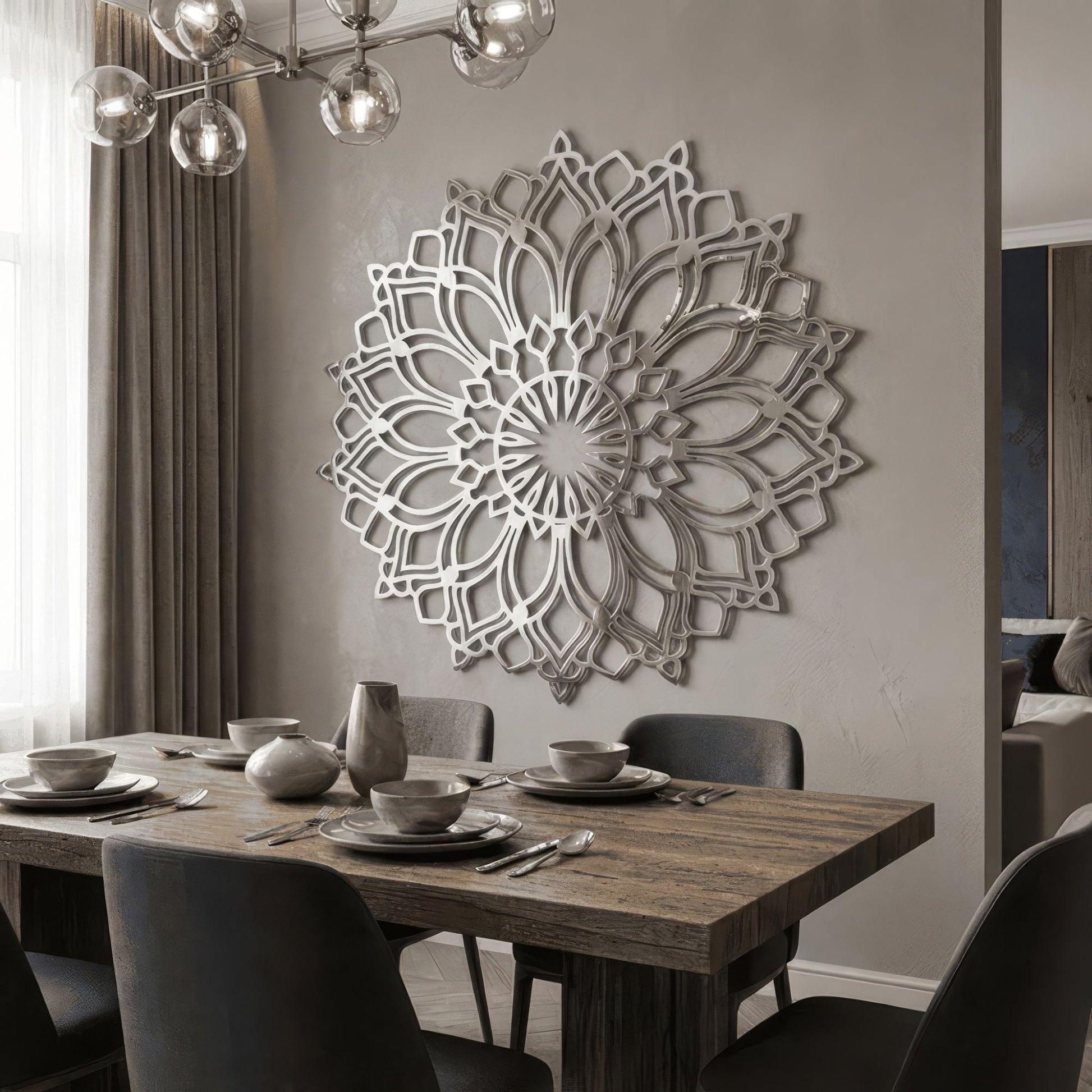 Dining room with a decorative wall art piece above a wooden table.