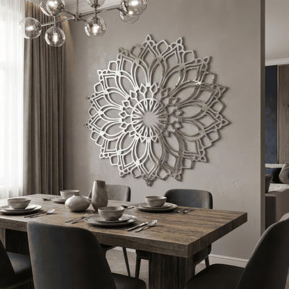 Dining room with a decorative wall art piece above a wooden table.