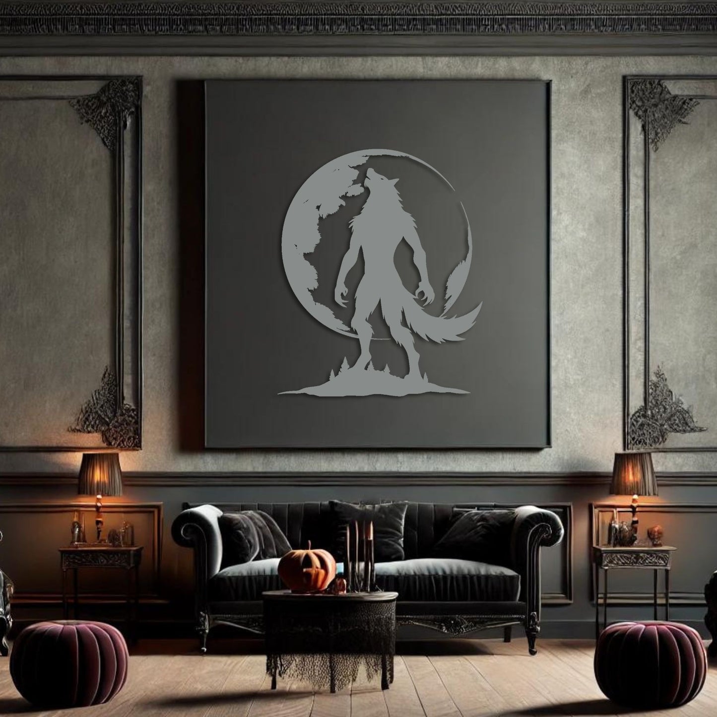 Werewolf Howling At Moon Metal Wall Art, Gothic Home Decor, Spooky Halloween Decoration, Dark Aesthetic Mythical Creature