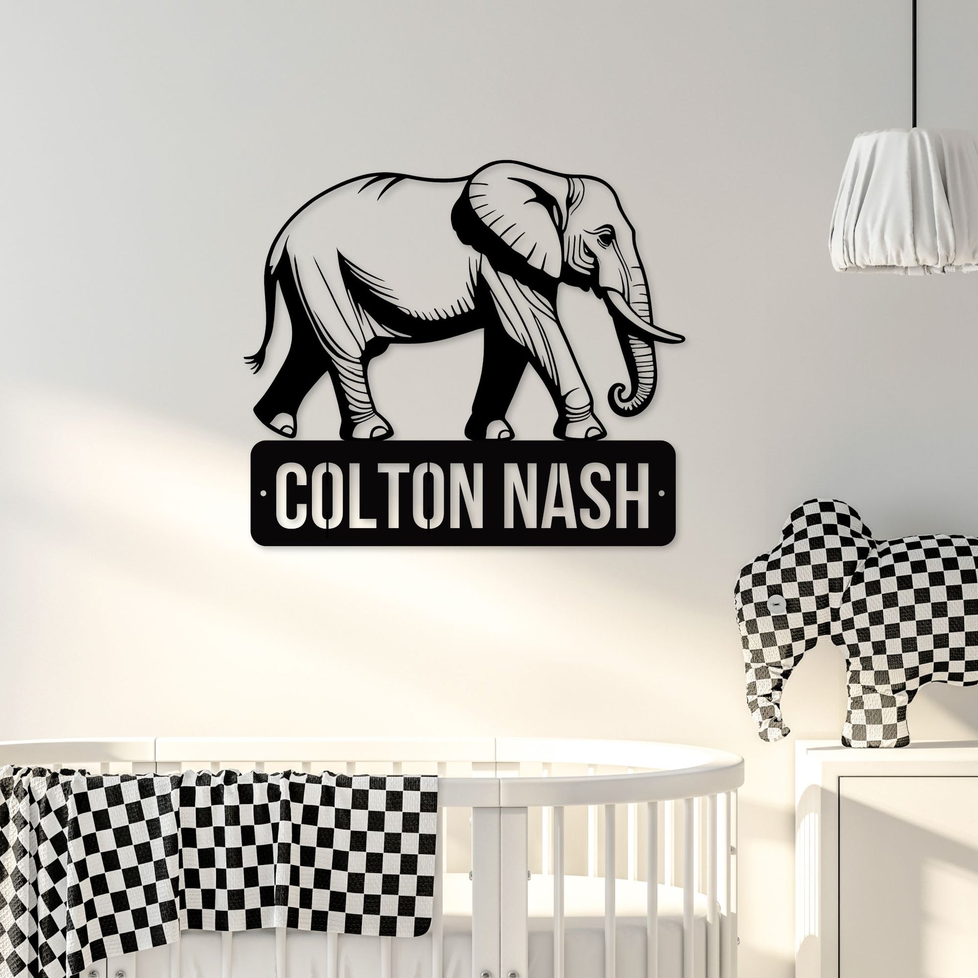 Customized Name Sign, Wise Elephant Metal Wall Art, Boy's Over Bed Bedroom Decor, Kids Animal Theme Playroom Decorations, Son & Grandson Gift