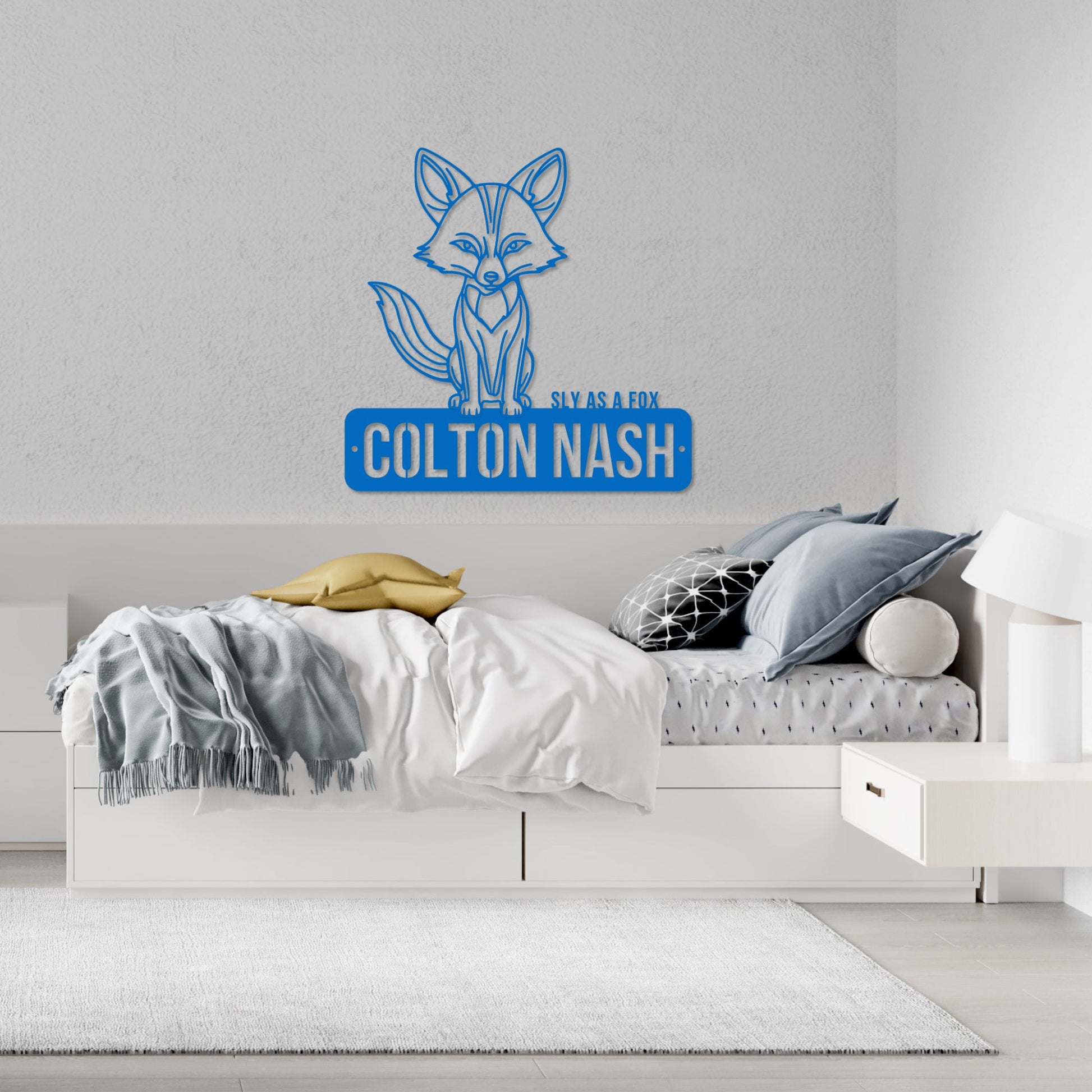 Custom Boy's Name Sign, Clever Fox Metal Wall Art, Personalized Kids Bedroom Decor, Animal Theme Playroom, Over The Bed Plaque, Sons Birthday Gift