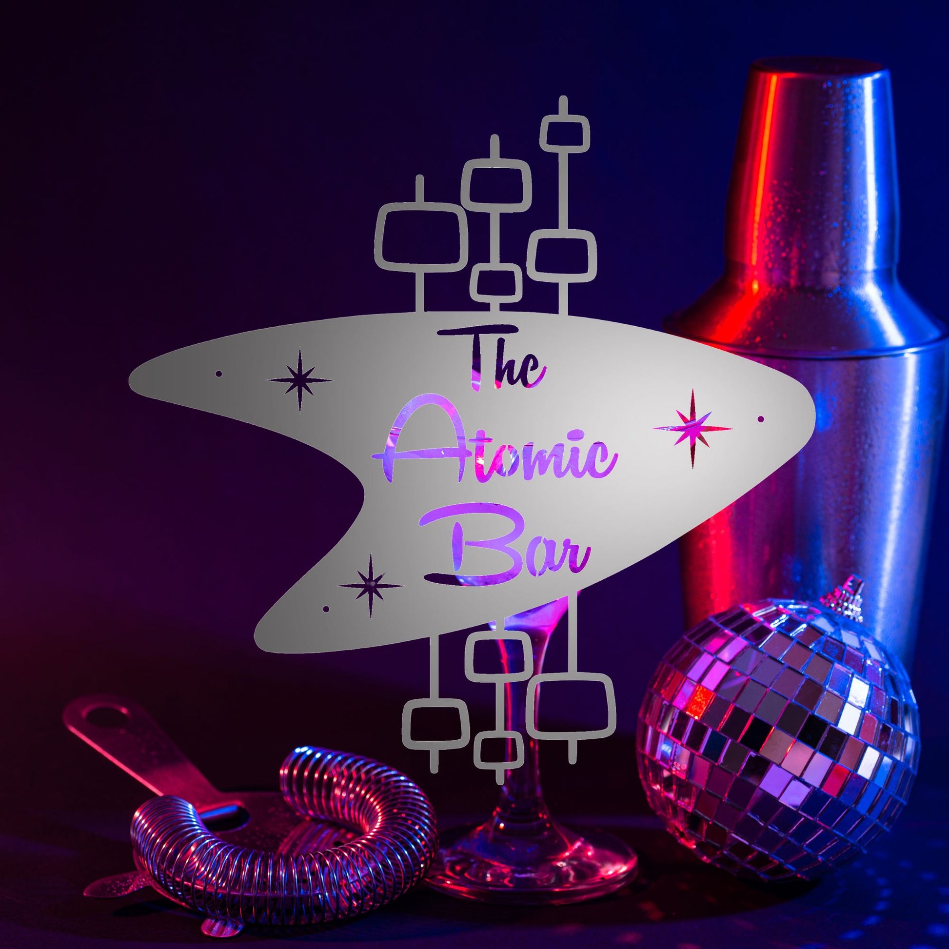 Personalized Mid Century Modern Name Sign shown in chrome against a disco style bar scene