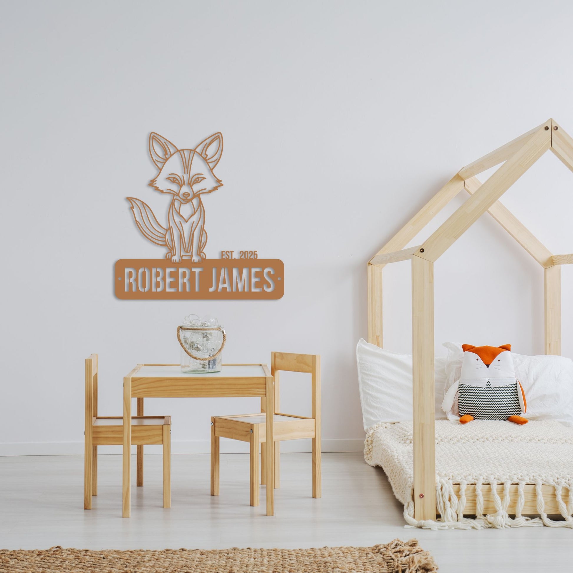 Custom Boy's Name Sign, Clever Fox Metal Wall Art, Personalized Kids Bedroom Decor, Animal Theme Playroom, Over The Bed Plaque, Sons Birthday Gift