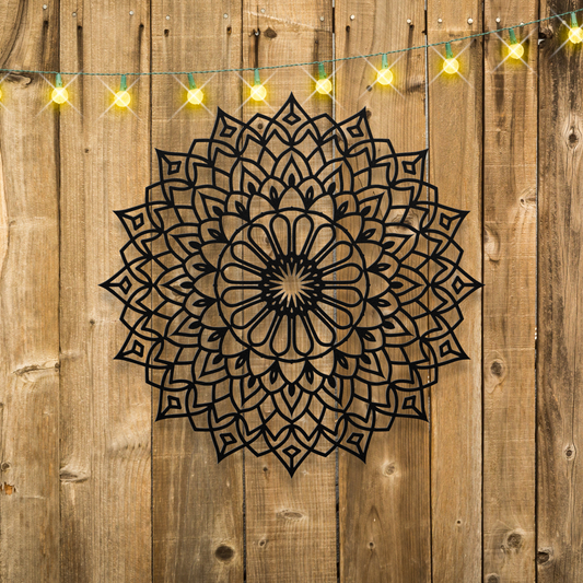 Floral Starburst Mandala Metal Wall Art on wood fence