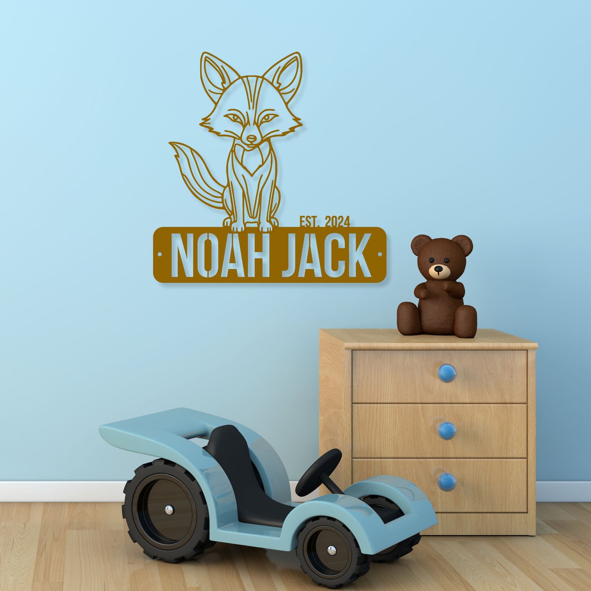 Custom Boy's Name Sign, Clever Fox Metal Wall Art, Personalized Kids Bedroom Decor, Animal Theme Playroom, Over The Bed Plaque, Sons Birthday Gift