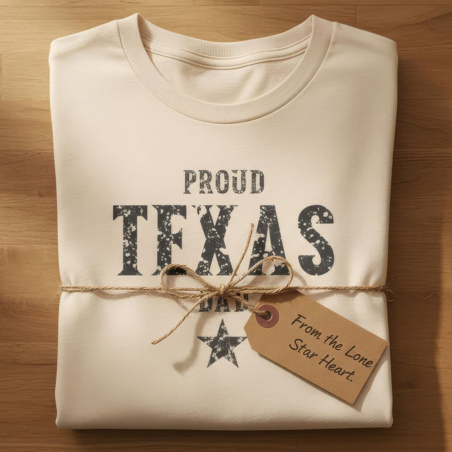 Folded t-shirt with 'Proud Texas' text and tag on a wooden surface
