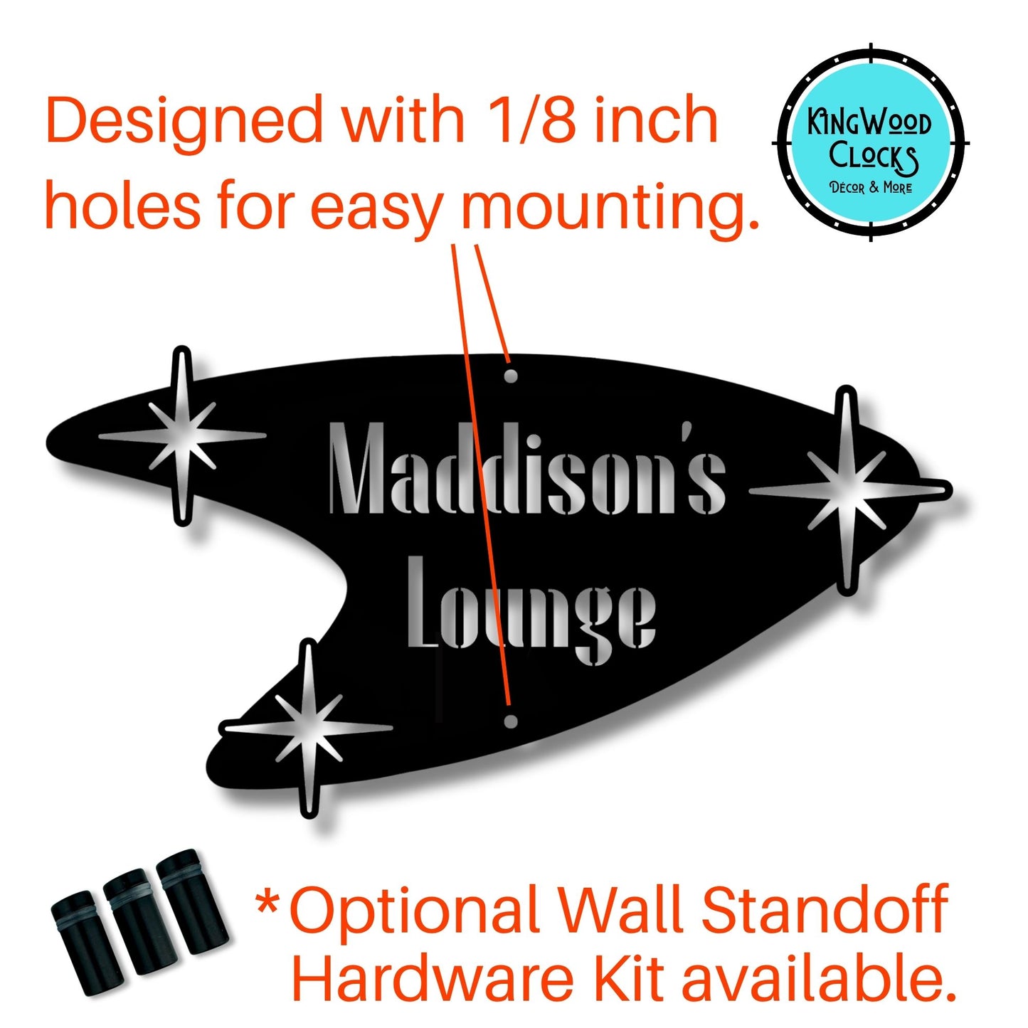 Black metal wall art with 'Maddison's Lounge' text, designed for easy mounting with 1/8 inch holes.