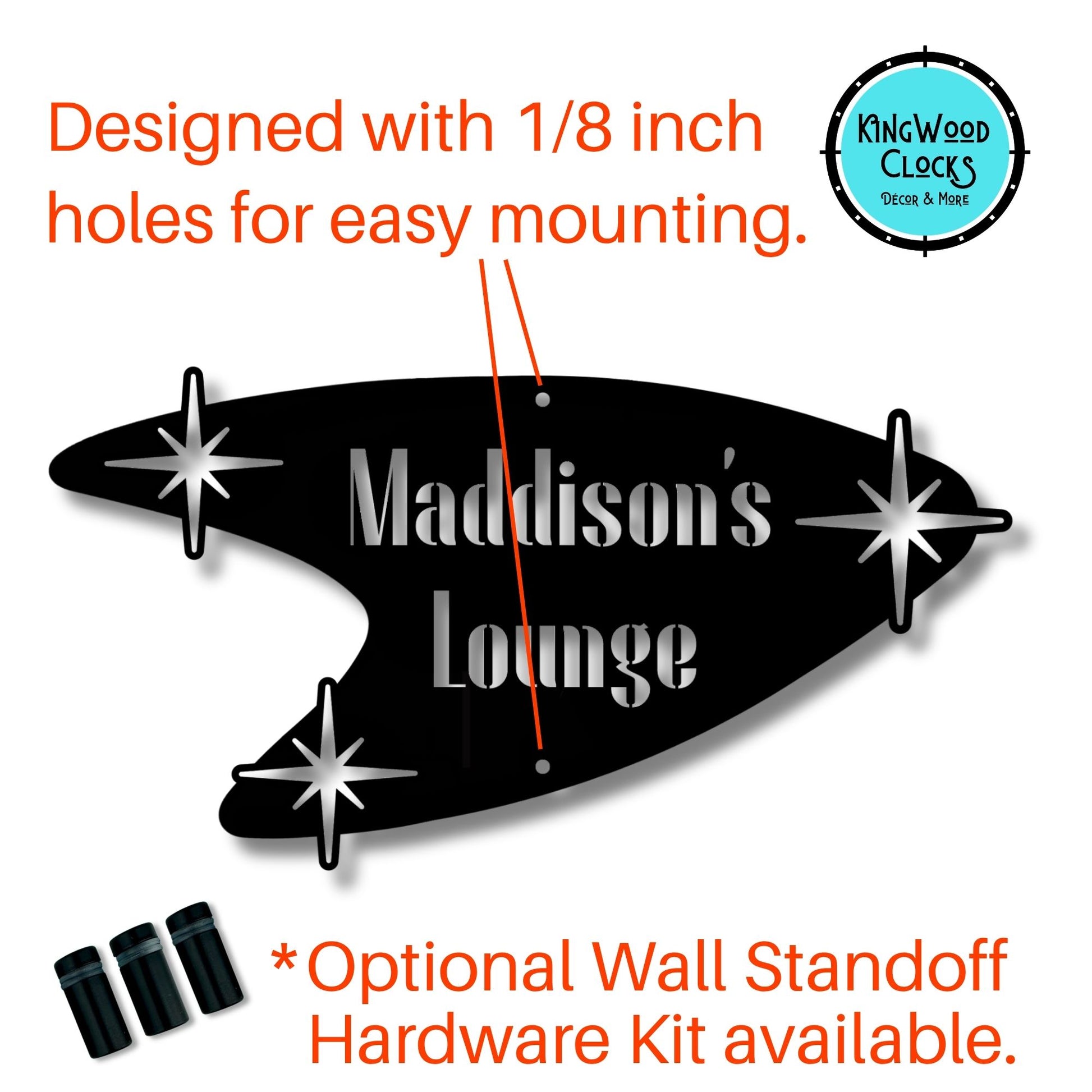 Black metal wall art with 'Maddison's Lounge' text, designed for easy mounting with 1/8 inch holes.