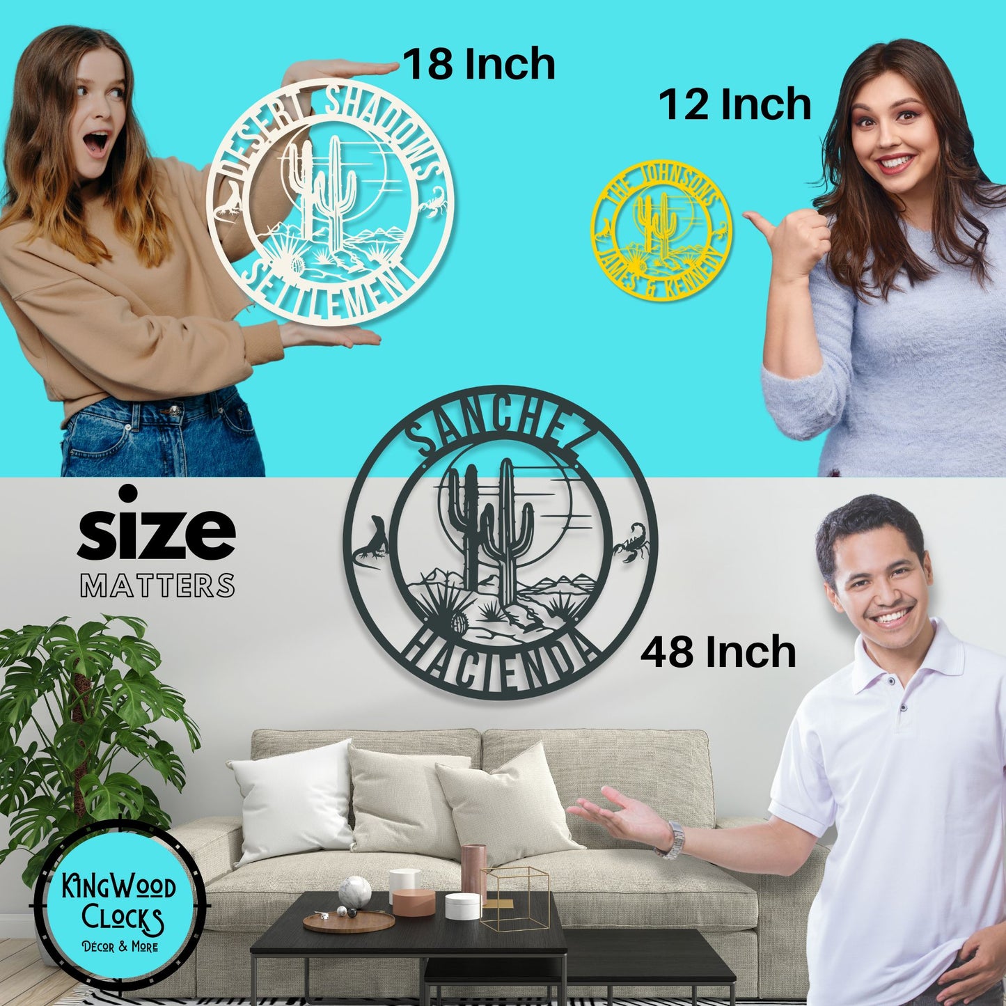 Promotional image of KingWood Clocks wall art with size comparison and product display.