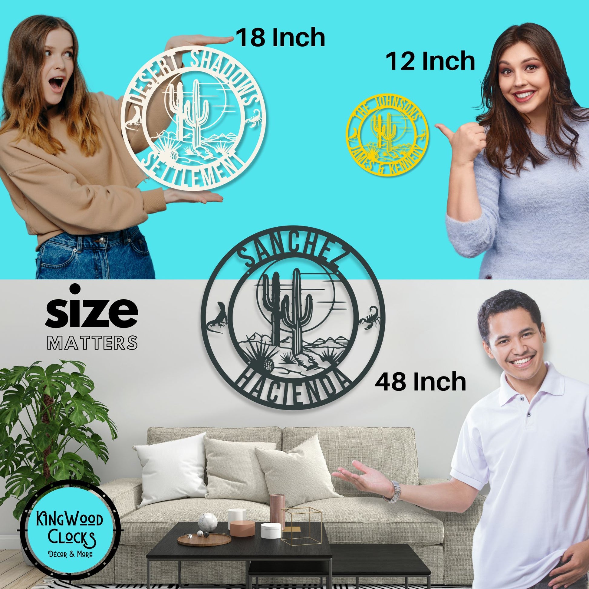 Promotional image of KingWood Clocks wall art with size comparison and product display.