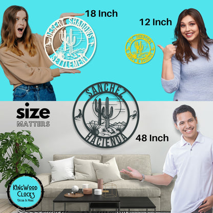 Promotional image of KingWood Clocks wall art with size comparison and product display.