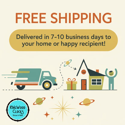 Advertisement for free shipping with a truck, house, and gift illustration, and Kingwood Clocks logo.