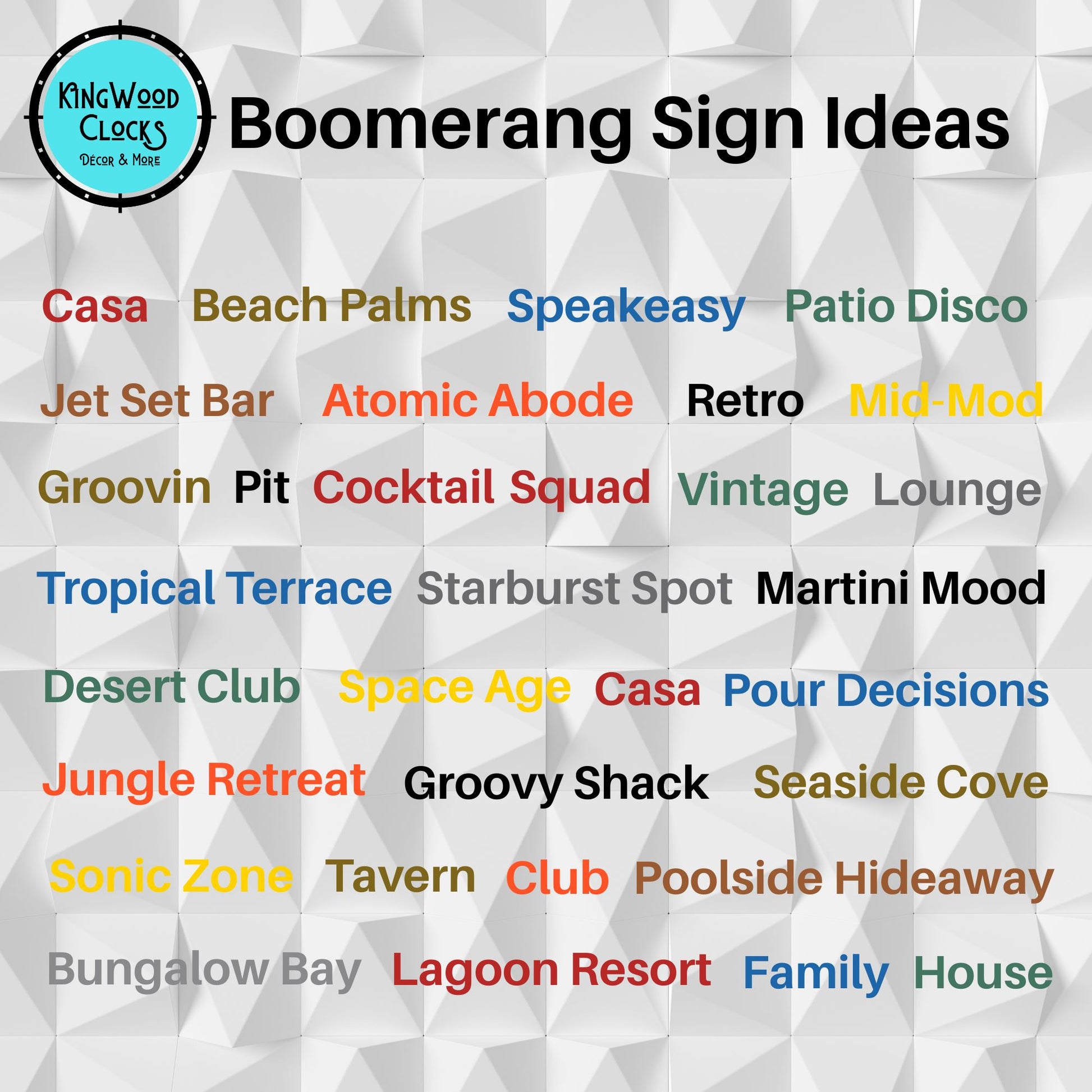 List of boomerang sign ideas with various themes on a geometric patterned background.