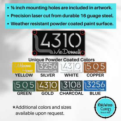 Product description of a metal sign with mounting holes, laser cut design, and powder-coated finish, featuring color options and brand logo.