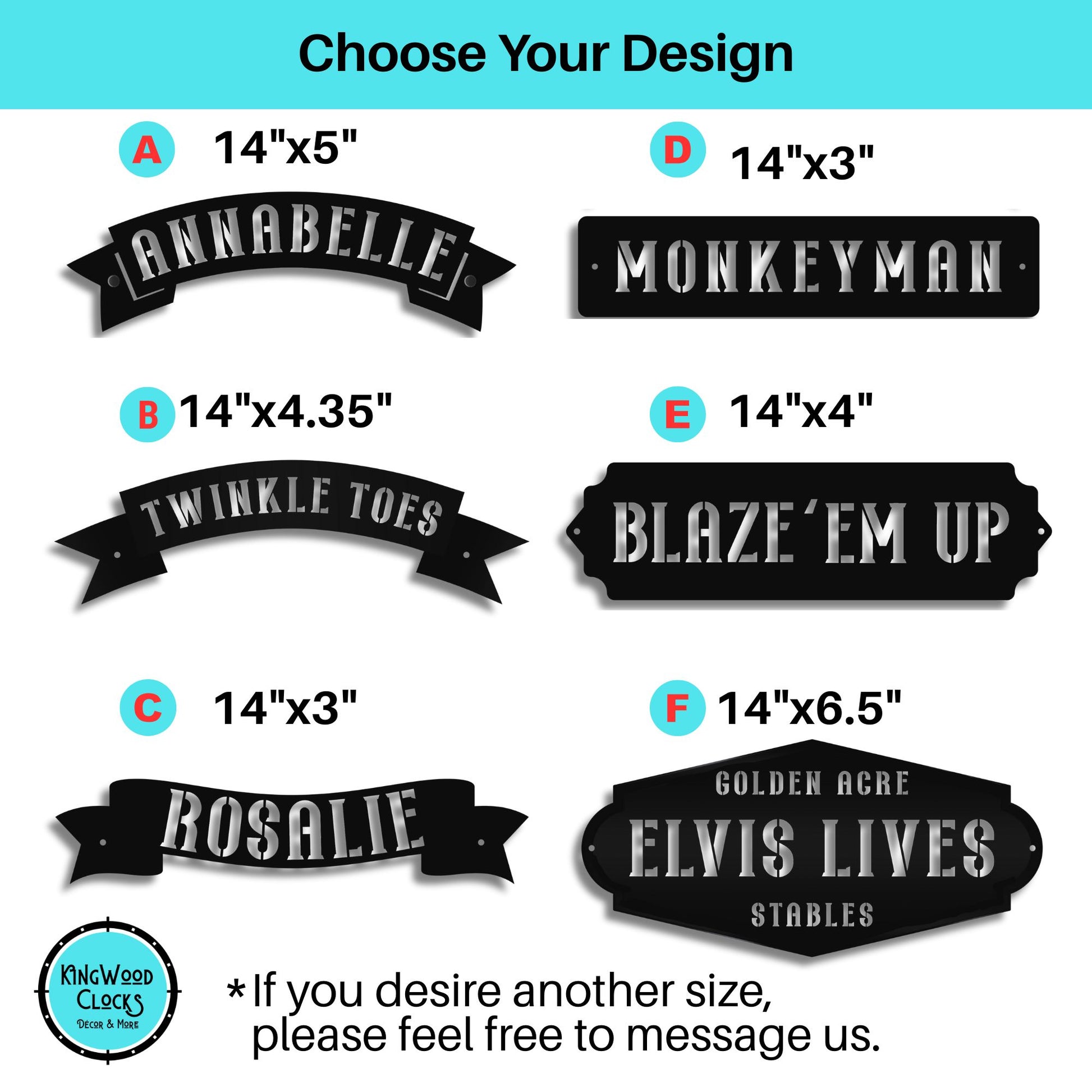 Collection of customizable metal signs with various designs and sizes on a white background.