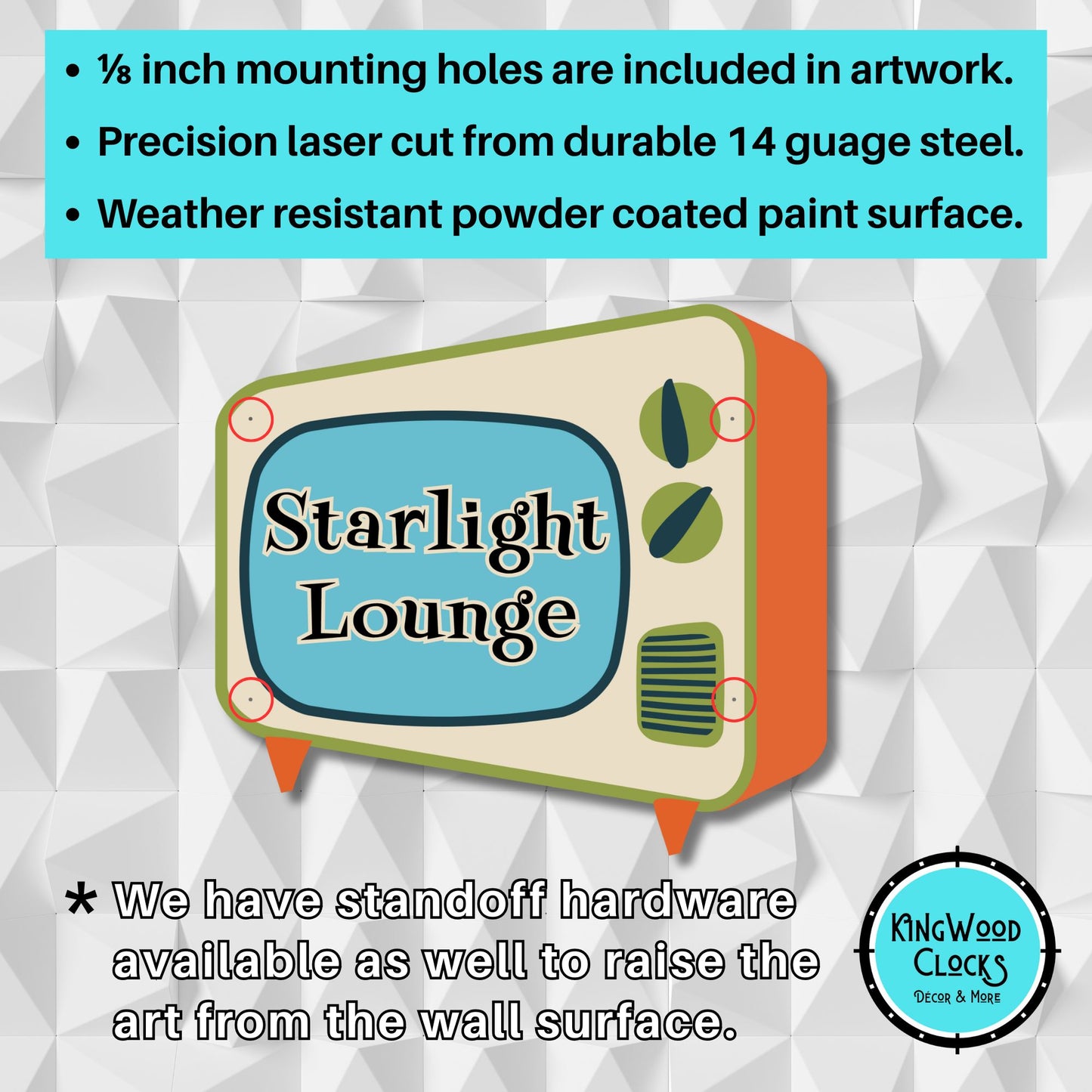 Vintage-style television sign with 'Starlight Lounge' text on a textured gray background, featuring promotional text about product features.