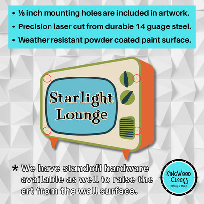 Vintage-style television sign with 'Starlight Lounge' text on a textured gray background, featuring promotional text about product features.