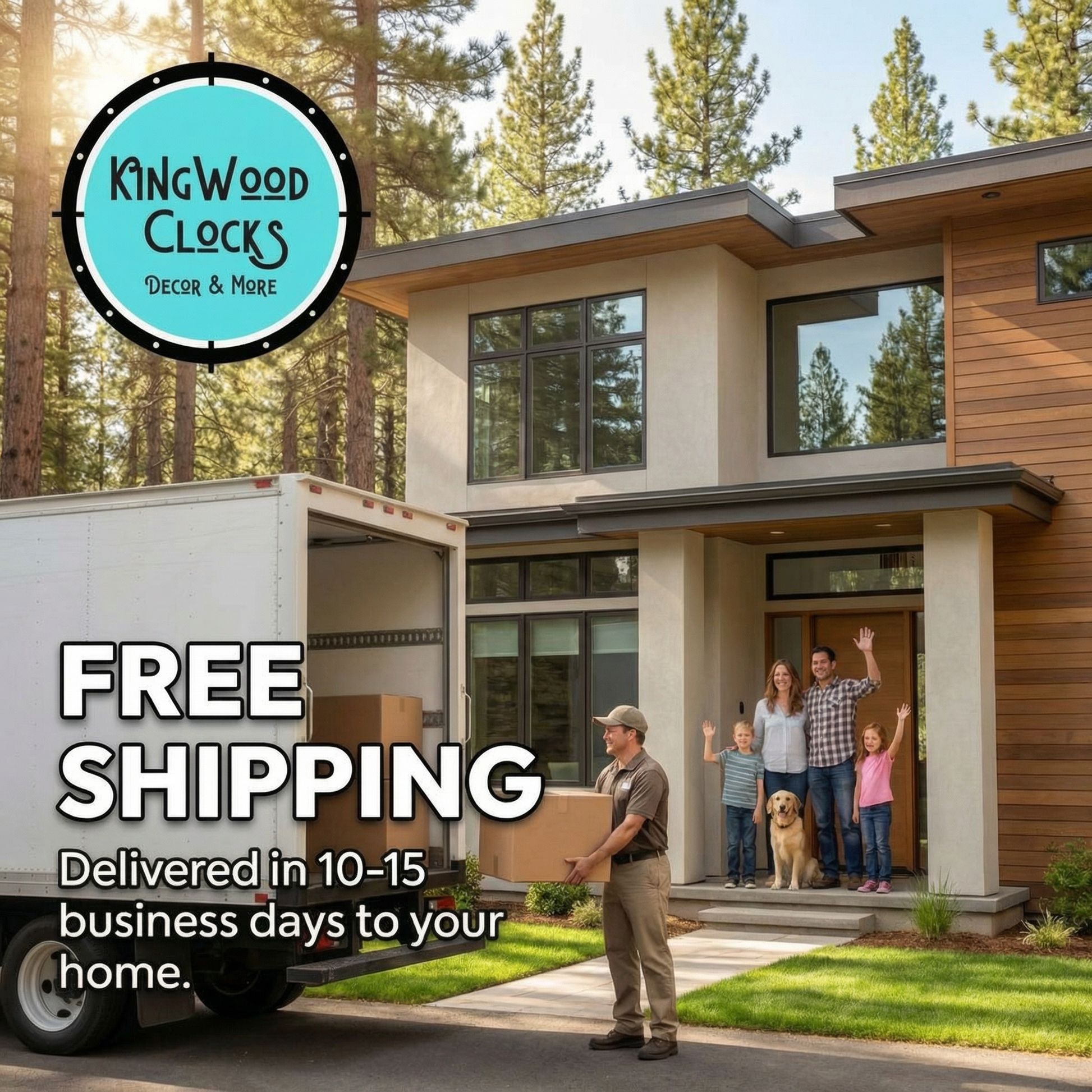 Family with a moving truck in front of a modern house, promoting Kingwood Clocks free shipping offer.