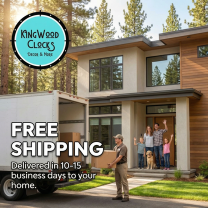 Family with a moving truck in front of a modern house, promoting Kingwood Clocks free shipping offer.