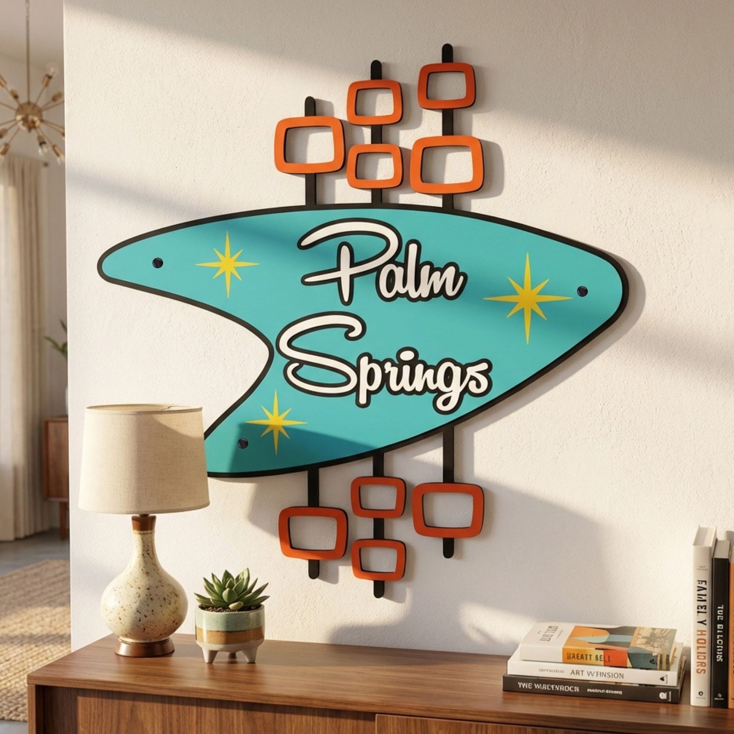 palm springs colorful boomerang wall sign hung on wall of mid mod home