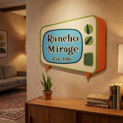 Decorative sign with 'Rancho Mirage Est. 1956' on a wall in a living room setting.