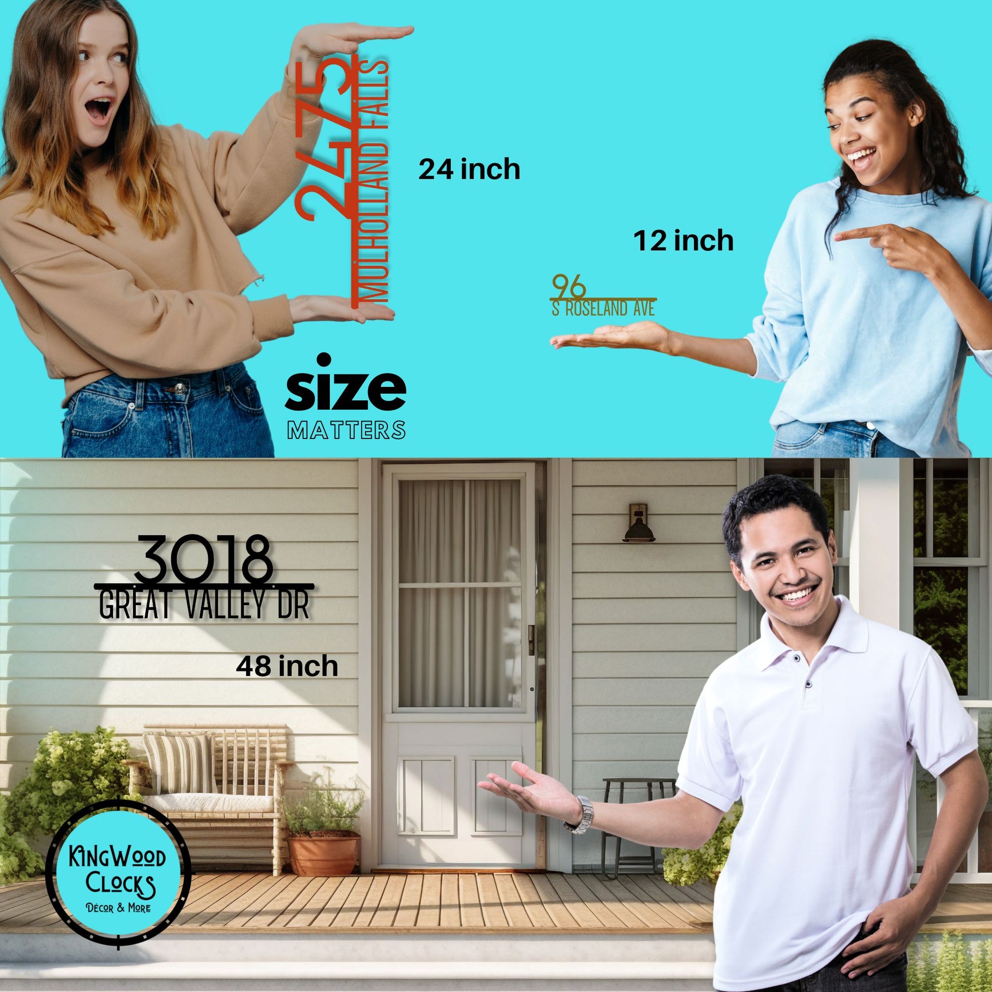 Collage of people comparing sizes with text overlay and a house exterior with a mailbox.