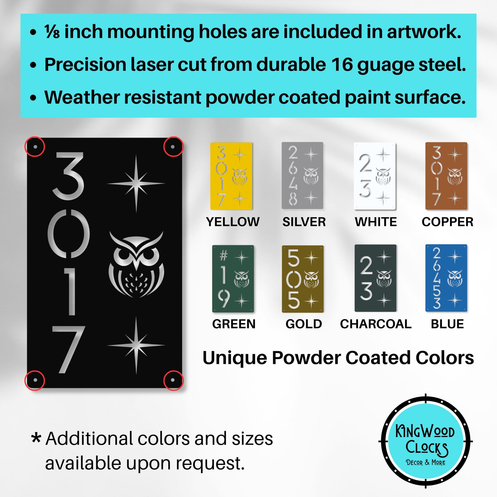 Product display with a black sign featuring an owl design and color options for powder coating.