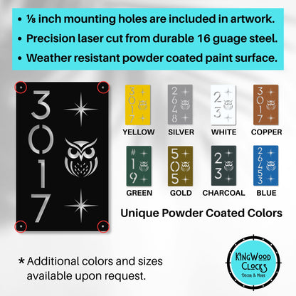 Product display with a black sign featuring an owl design and color options for powder coating.