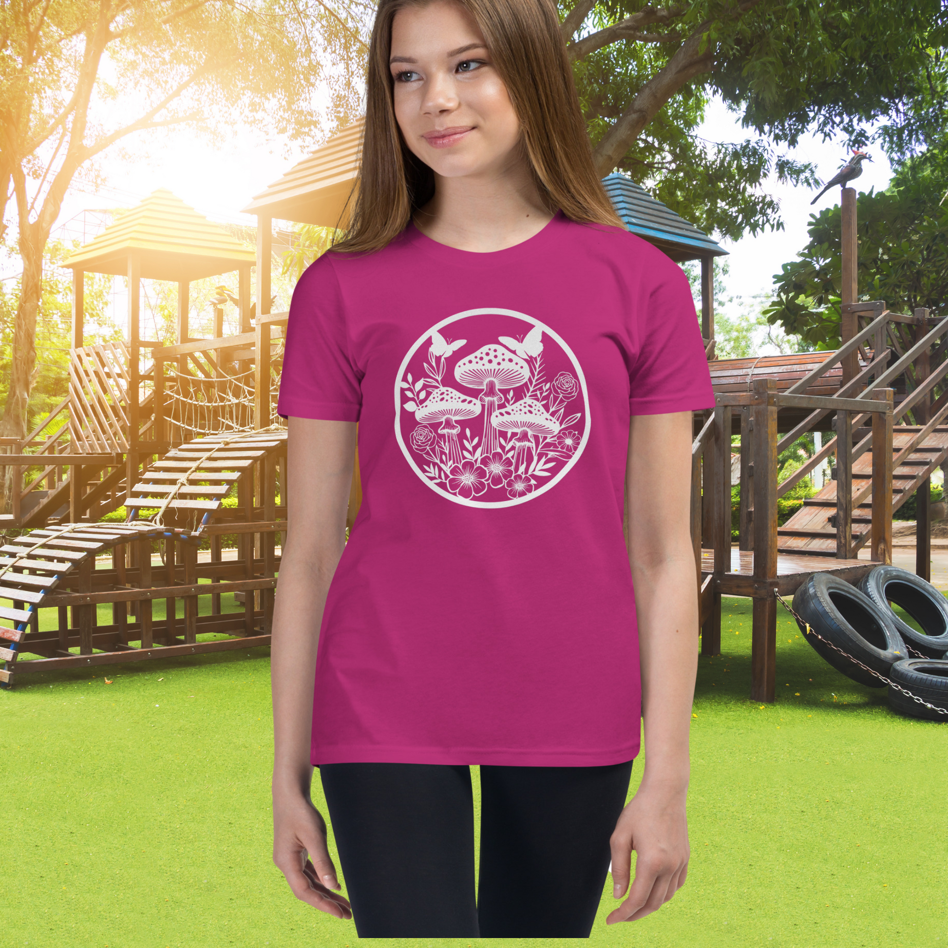 Mushroom Garden T-Shirt, Unisex Youth, Toadstool Apparel, Botanical Garden Nerd, Butterfly Girl, Matching Mom and Daughter Twinning Outfits