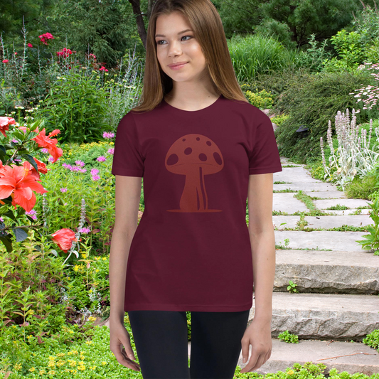 My Mushroom T-Shirt, Unisex Youth Size, Matching Family Apparel, Nature Theme Girls Outfits, Twin Mom & Daughter Clothing, Retro Garden Tee girl in red